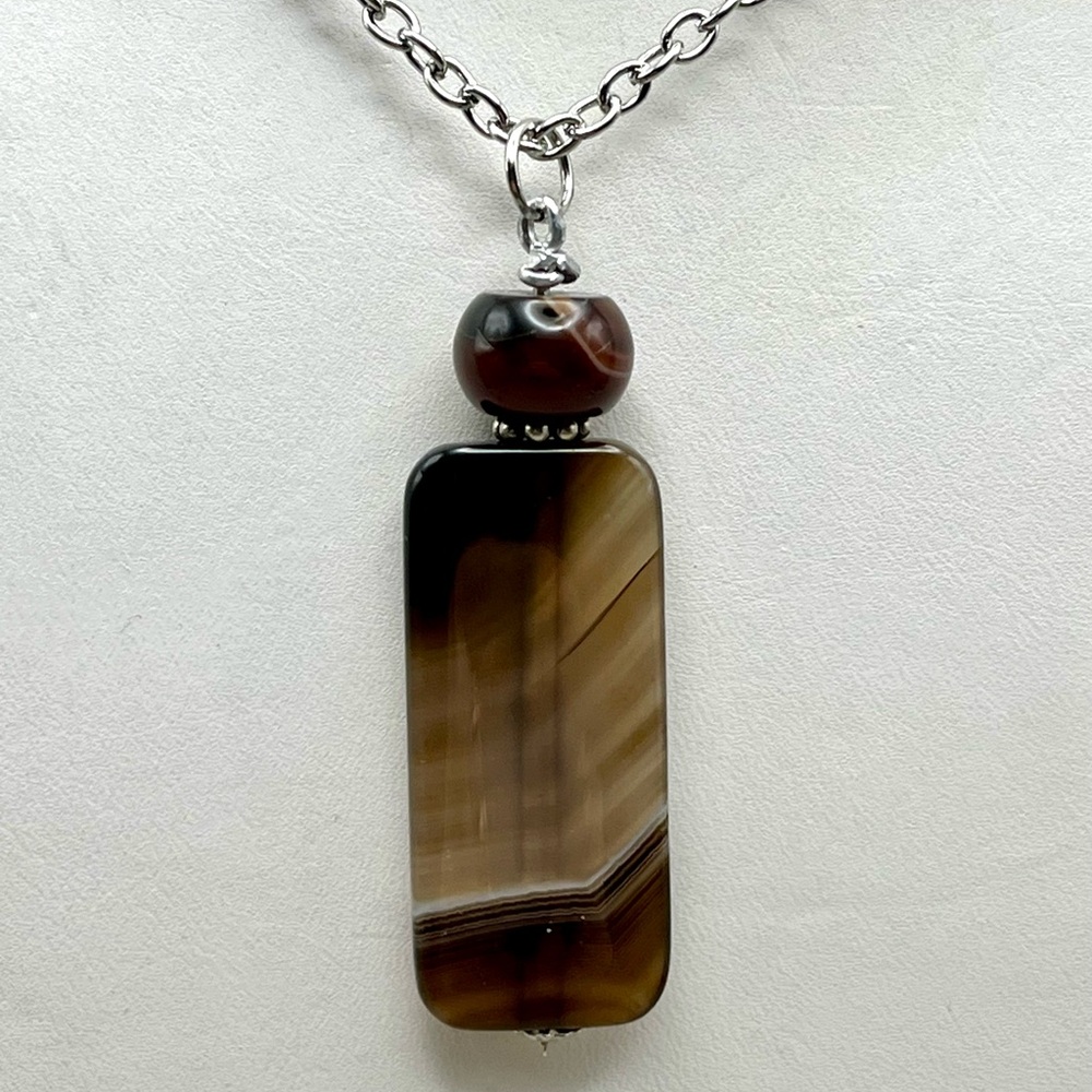Banded Agate Pendant Necklace Silver Tone Chain Statement Jewelry Boho Chic - Picture 2 of 5